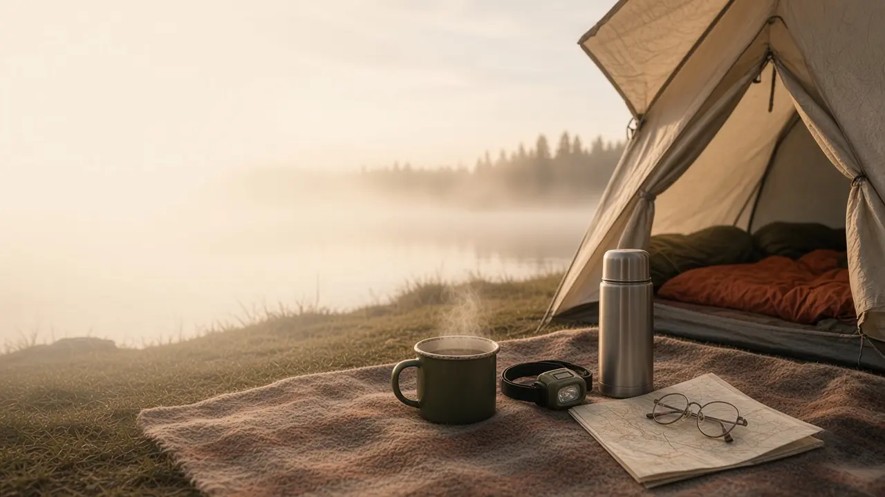 Early morning by a lake: an enamel mug, a headlamp, a flask and a folded map laid out on a blanket at the door of a tent